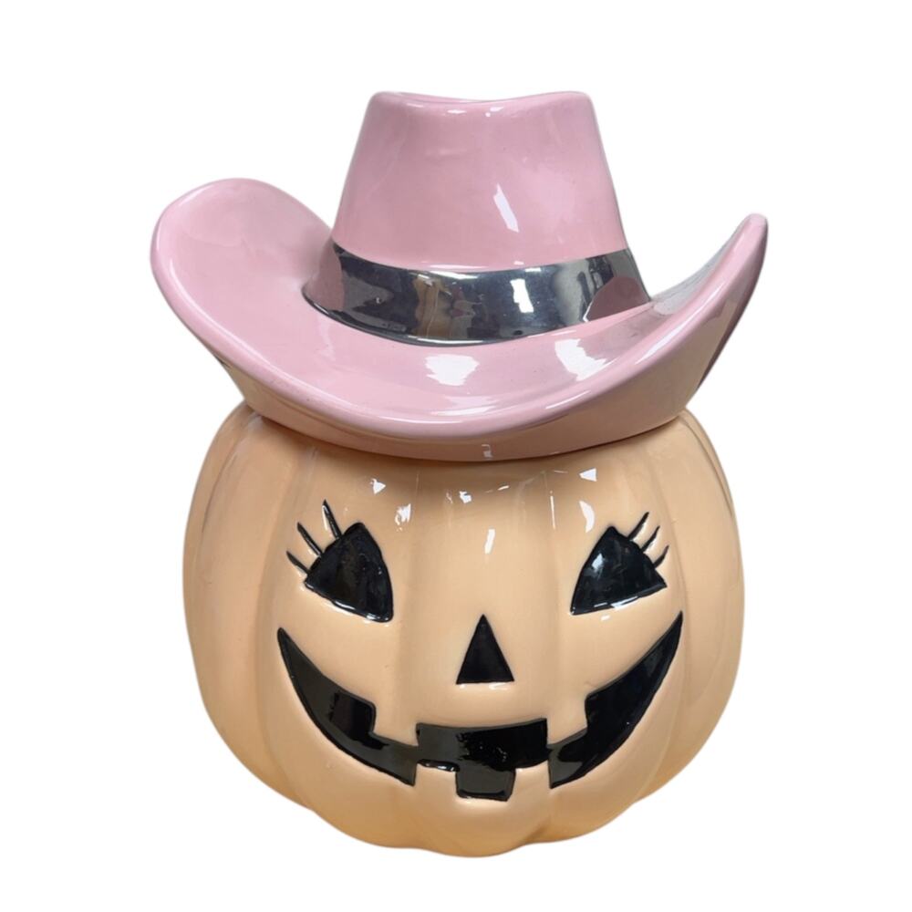 Pink Cowboy Hat Pumpkin Ceramic Canister Jack O Lantern Western Halloween Decor - Picture 2 of 6